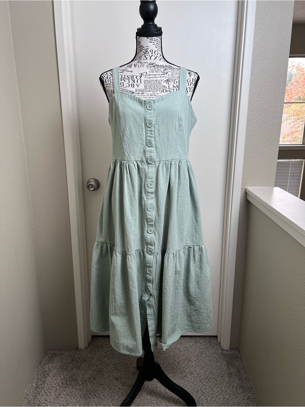 Baltic Born Sage Green Button Front Tiered Midi Dress L Linen Look